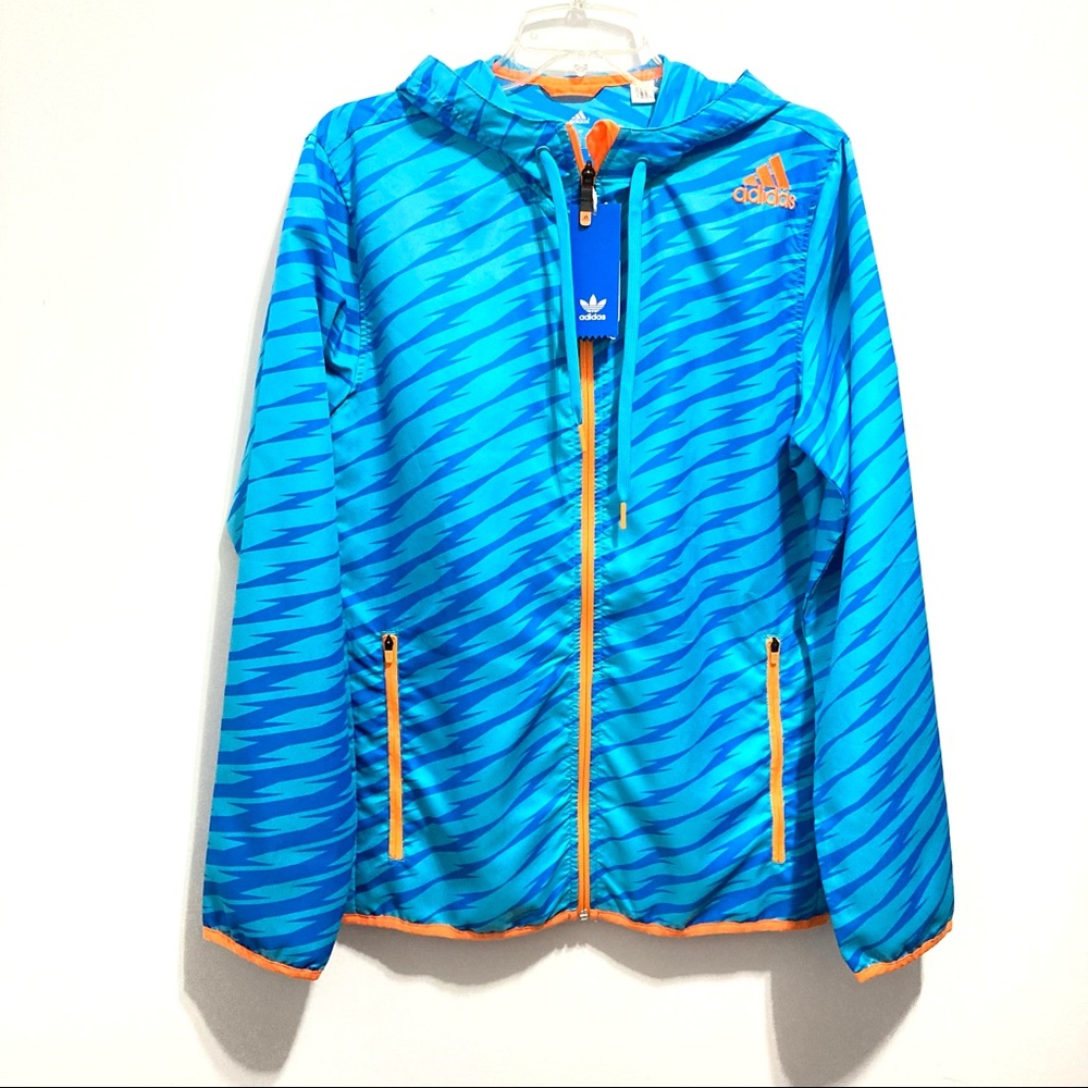 NEW Adidas Men’s Lightweight Hooded Full Zip Windbreaker Blue Striped Jacket